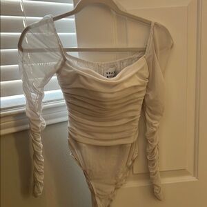 Hello Molly White Ruched Mesh Bodysuit